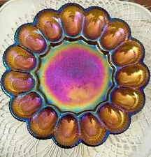 2 cobalt blue indiana glass deviled egg plates dish trays oyster handle platter for sale