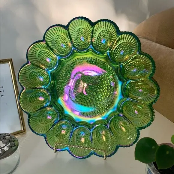 vintage 1970s indiana glass co green carnival glass deviled egg plate